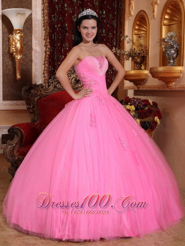 Rose Pink Beading Appliques Quinceanera Dress Strapless