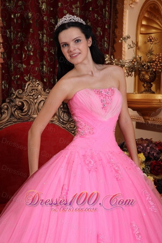 Rose Pink Beading Appliques Quinceanera Dress Strapless