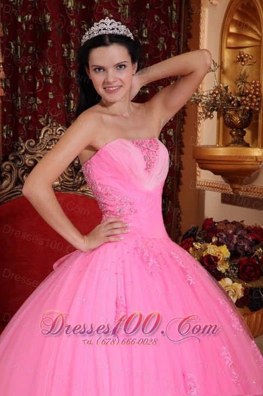 Rose Pink Beading Appliques Quinceanera Dress Strapless
