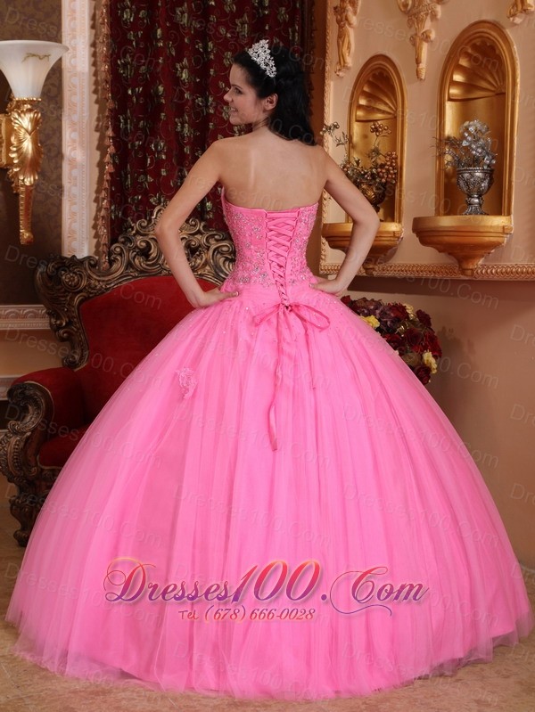 Rose Pink Beading Appliques Quinceanera Dress Strapless