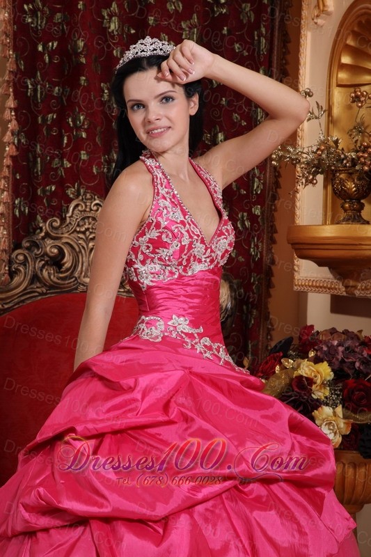 Hot Pink Appliques Beading Floor-length Quinceanera Dress
