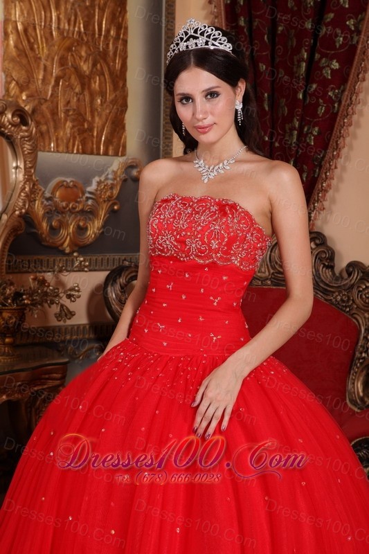 Red Beading Strapless Floor-length Sweet 16 Dress Designer