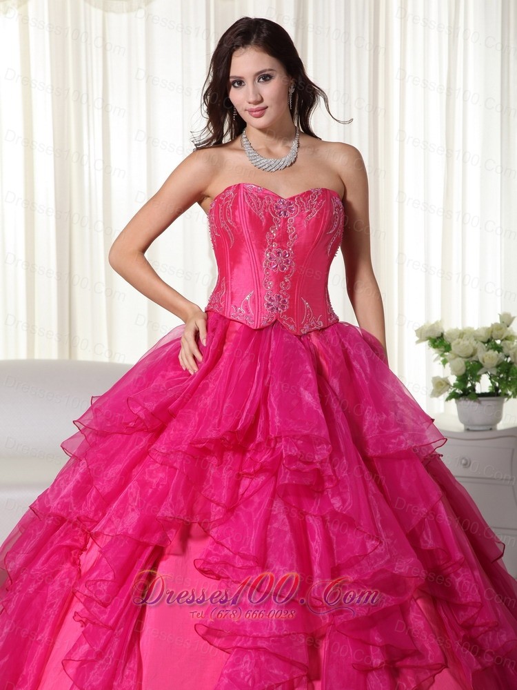 Hot Pink Sweetheart Organza Embroidery Quinceanera Dress