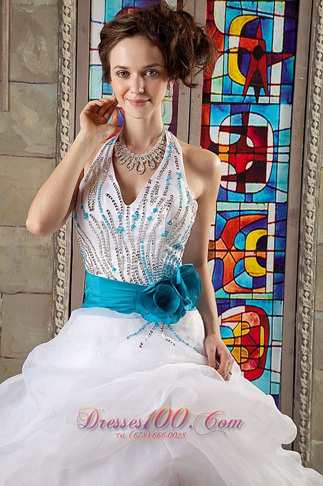 White Halter Bead Blue Sash Quinceanea Dress for Sweet 16