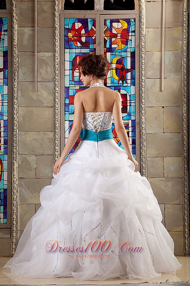 White Halter Bead Blue Sash Quinceanea Dress for Sweet 16