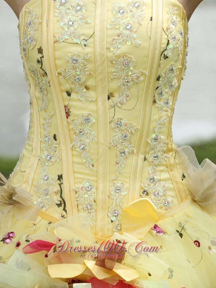 Light Yellow Hand Made Flowers Embroidery Quinceanera Dress