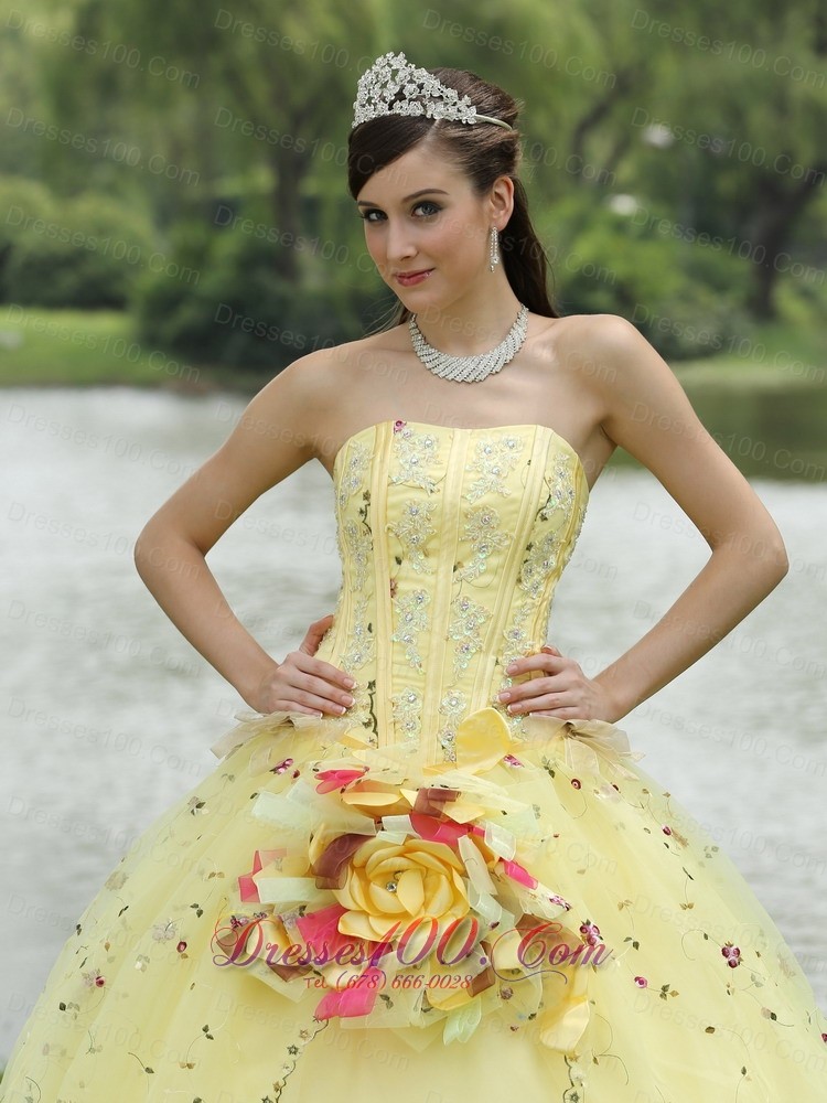 Light Yellow Hand Made Flowers Embroidery Quinceanera Dress