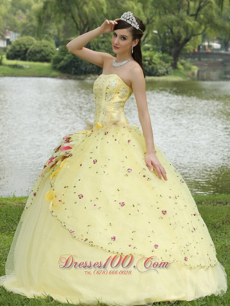 Light Yellow Hand Made Flowers Embroidery Quinceanera Dress