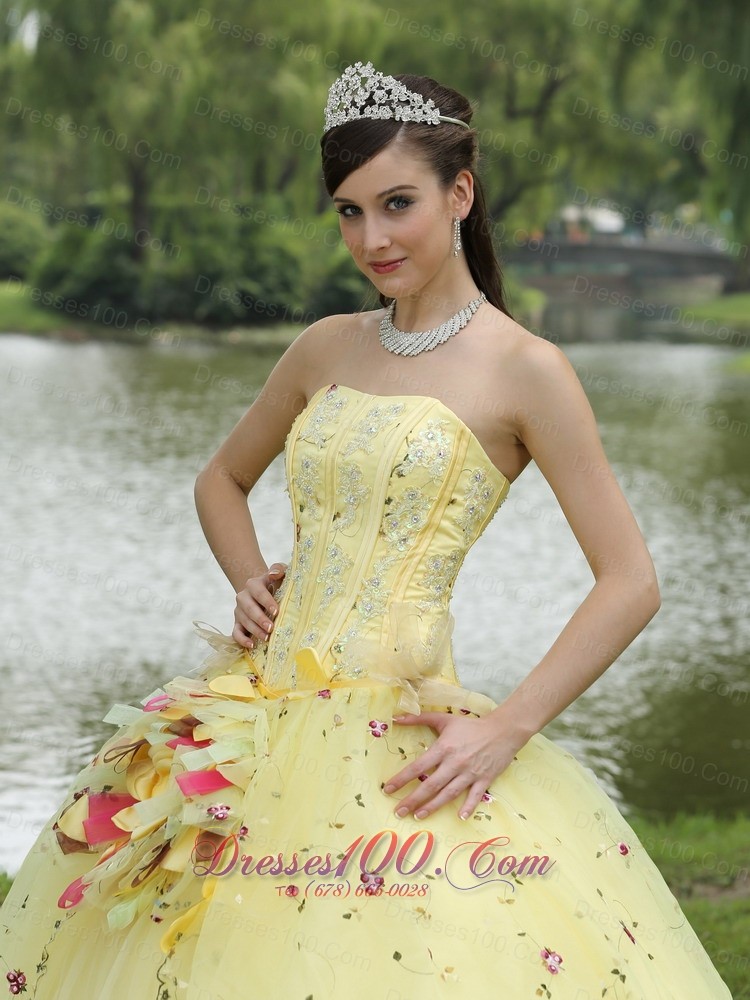 Light Yellow Hand Made Flowers Embroidery Quinceanera Dress