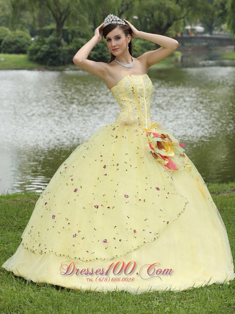 Light Yellow Hand Made Flowers Embroidery Quinceanera Dress
