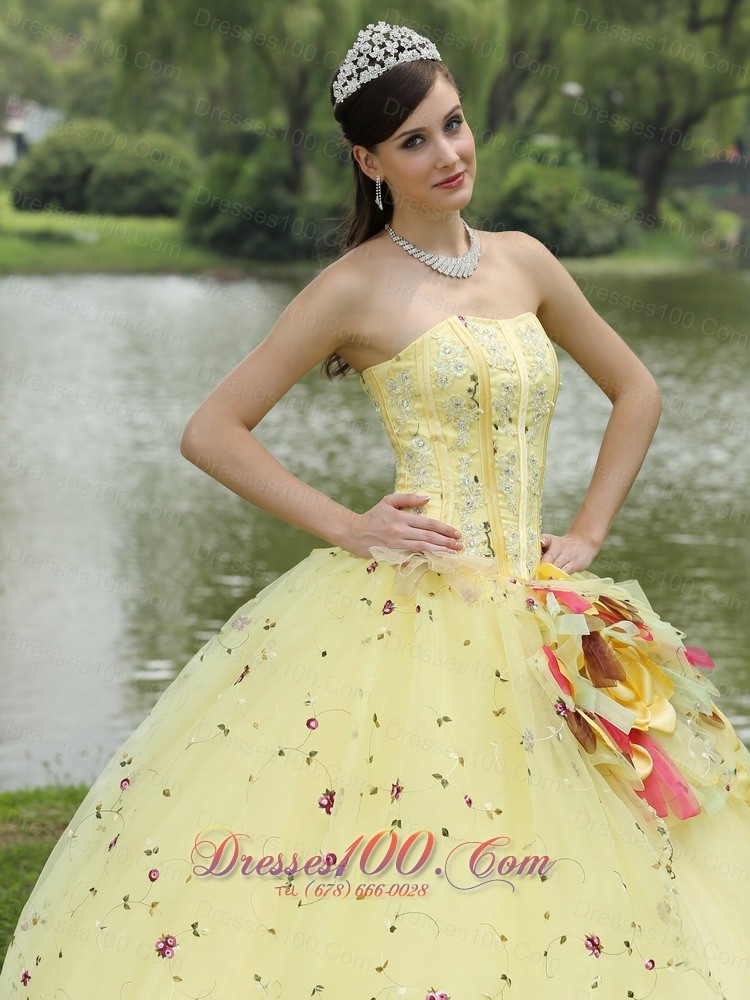 Light Yellow Hand Made Flowers Embroidery Quinceanera Dress