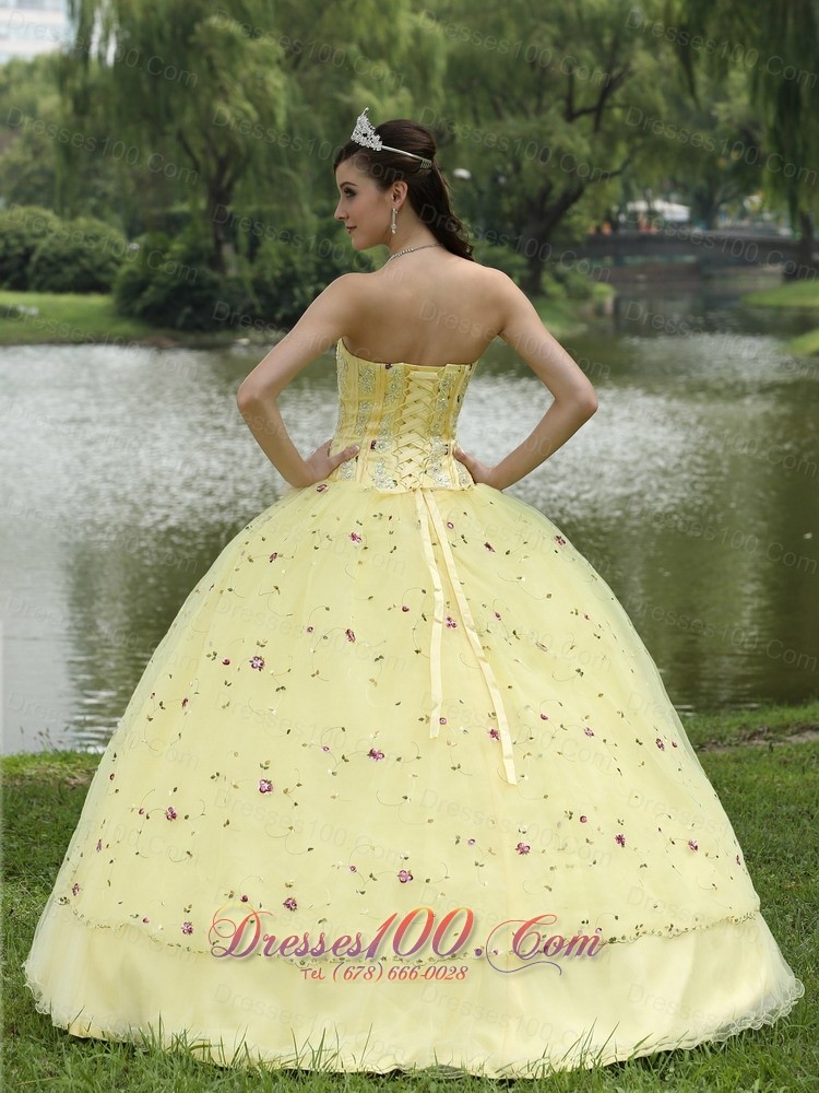 Light Yellow Hand Made Flowers Embroidery Quinceanera Dress