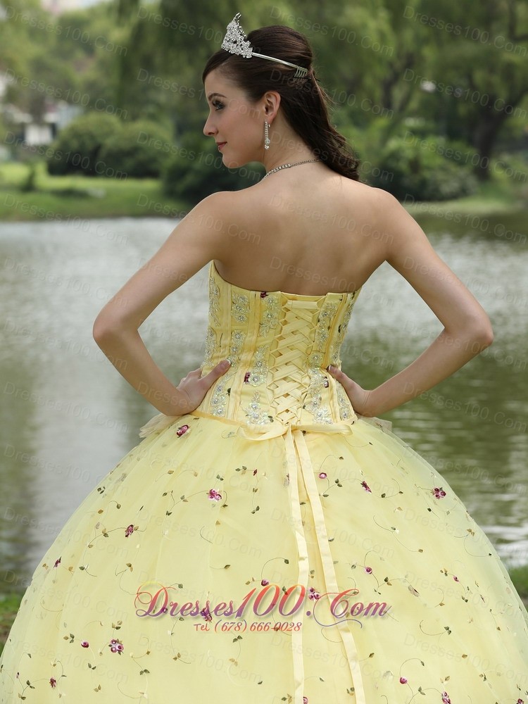 Light Yellow Hand Made Flowers Embroidery Quinceanera Dress