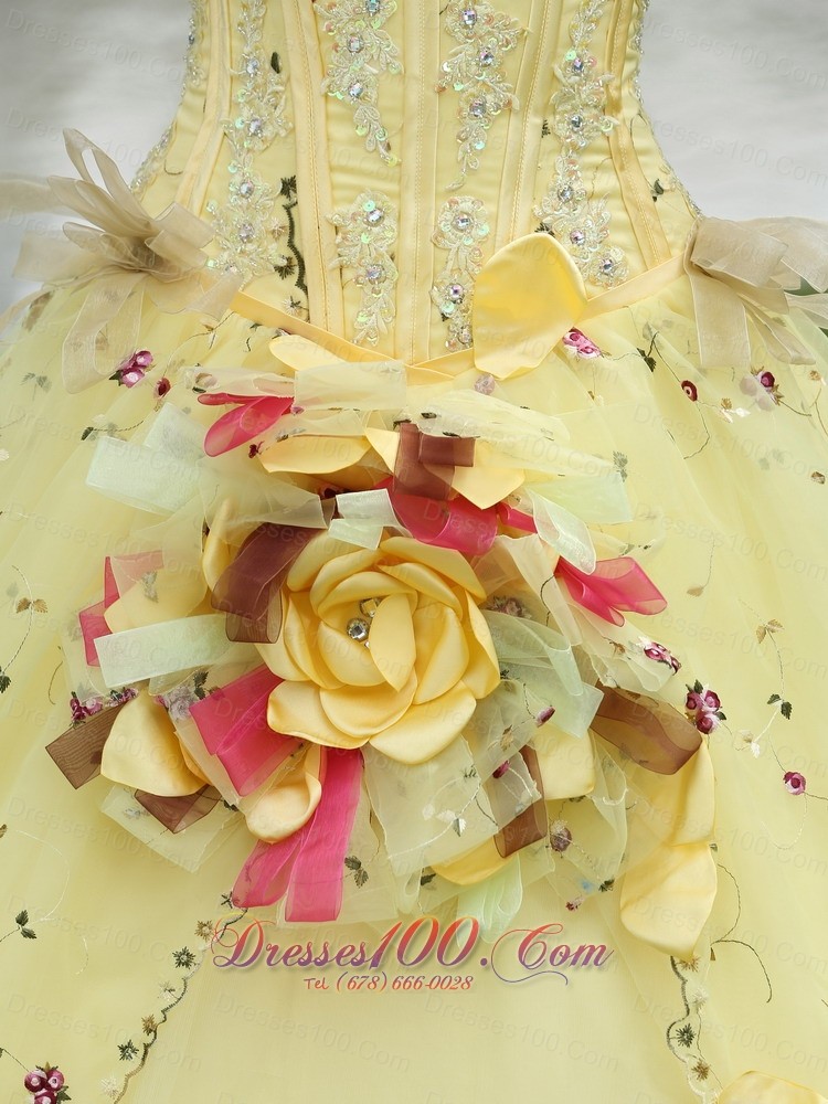 Light Yellow Hand Made Flowers Embroidery Quinceanera Dress