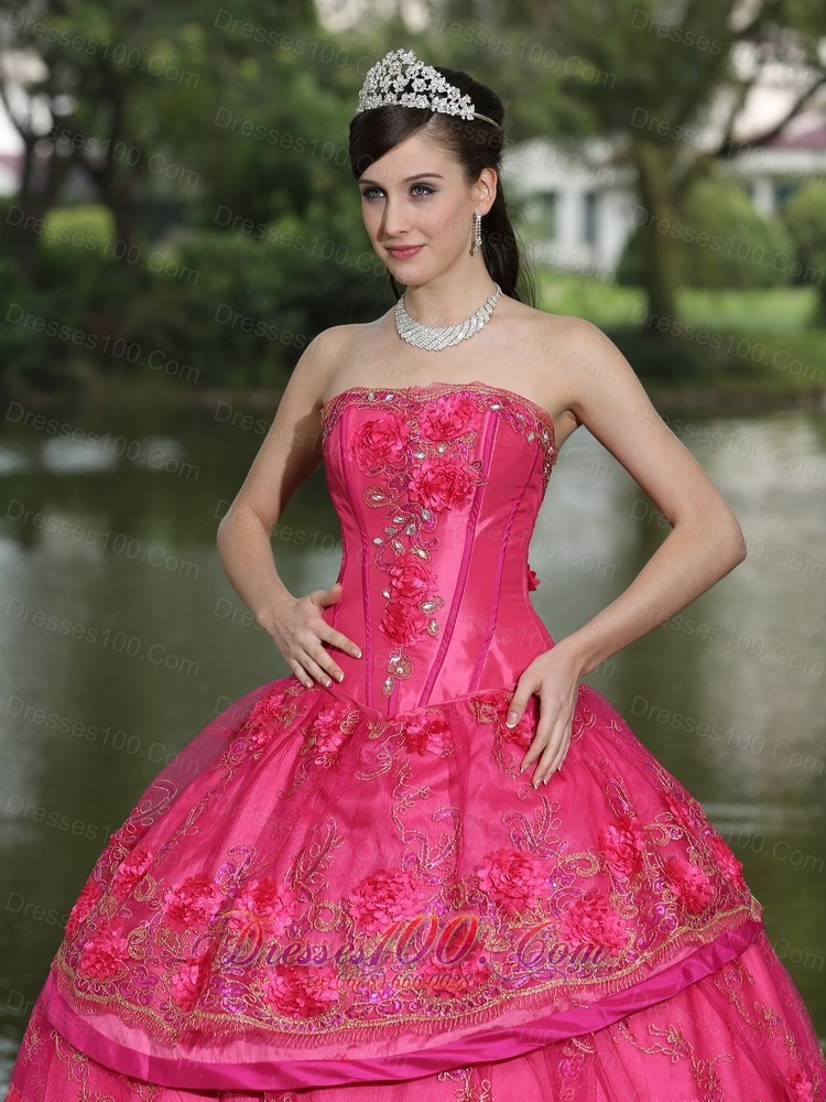 Hot Pink Hand Flowers Taffeta Strapless Quinceanea Dress