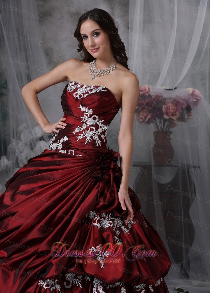 Wine Red Strapless Appliques Taffeta Quinceanea Dress