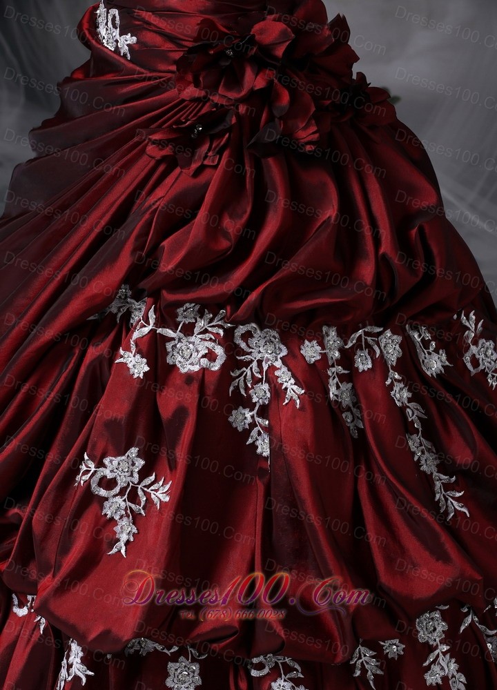 Wine Red Strapless Appliques Taffeta Quinceanea Dress