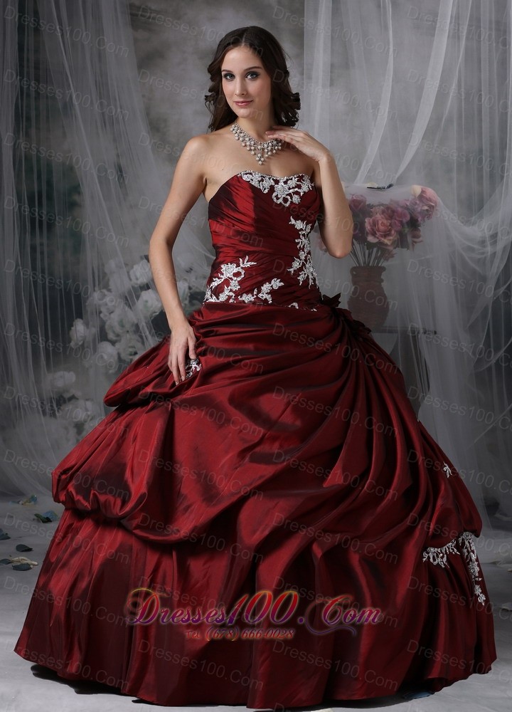 Wine Red Strapless Appliques Taffeta Quinceanea Dress