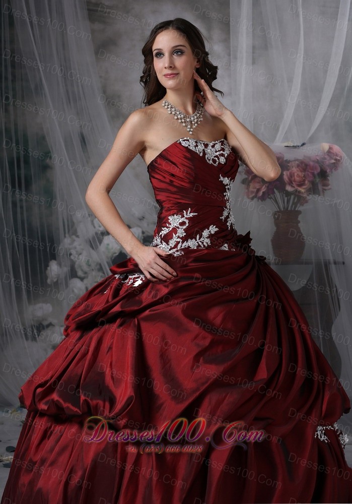 Wine Red Strapless Appliques Taffeta Quinceanea Dress