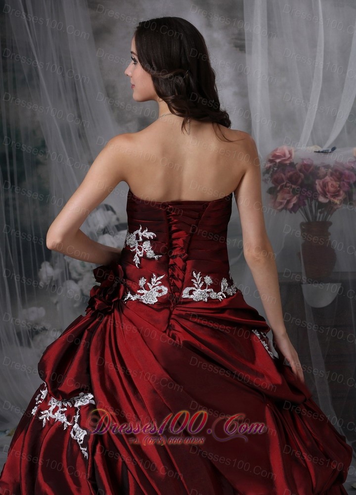 Wine Red Strapless Appliques Taffeta Quinceanea Dress