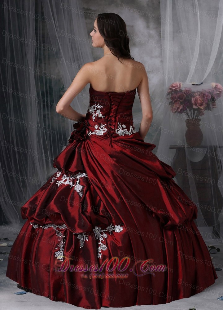 Wine Red Strapless Appliques Taffeta Quinceanea Dress
