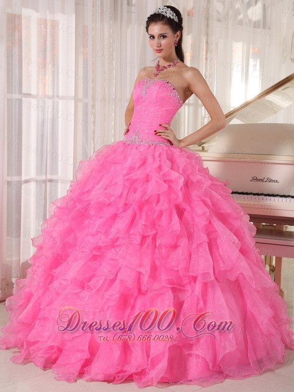 Rose Pink Quinceanera Dress Beading Strapless