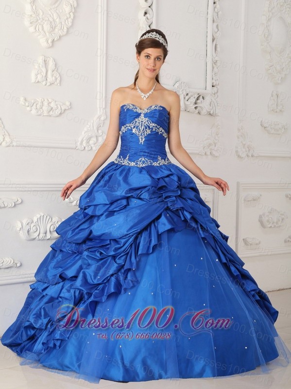 Blue A-Line Appliques Quinceanea Dress Beading Pick- Ups