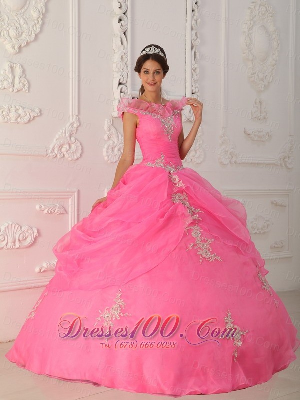 V-neck Rose Pink Quinceanera Dress Under 200 Appliques Pick-ups