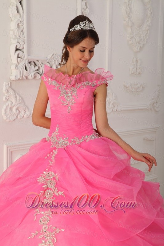 V-neck Rose Pink Quinceanera Dress Under 200 Appliques Pick-ups