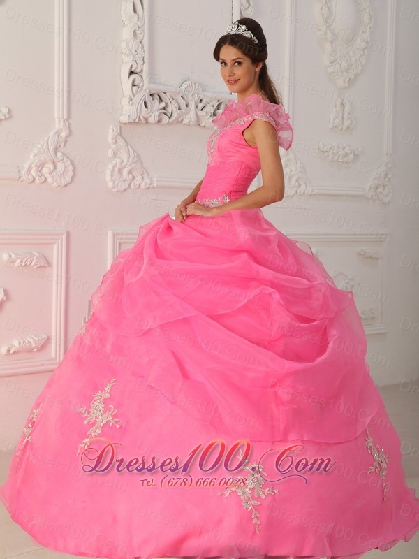 V-neck Rose Pink Quinceanera Dress Under 200 Appliques Pick-ups