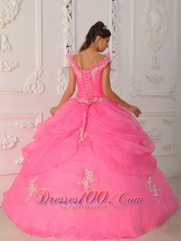 V-neck Rose Pink Quinceanera Dress Under 200 Appliques Pick-ups