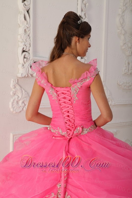 V-neck Rose Pink Quinceanera Dress Under 200 Appliques Pick-ups