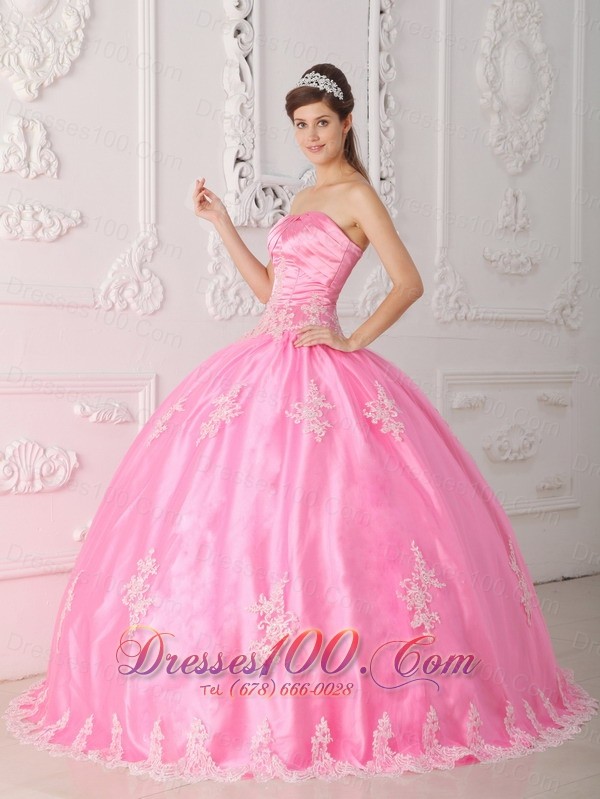 Pink Quinceanera Dress Strapless Appliques Floor-length