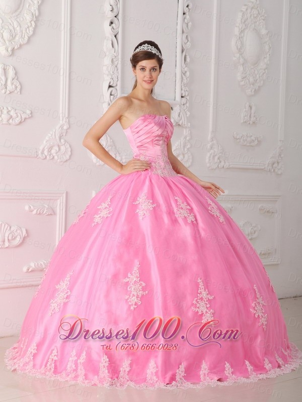 Pink Quinceanera Dress Strapless Appliques Floor-length