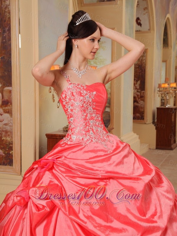 One Shoulder Coral Red Quinceanera Dress Ruffles