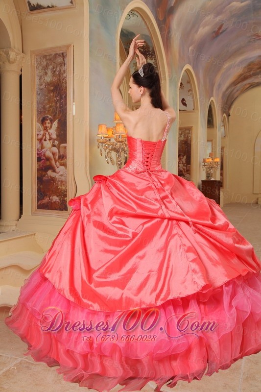 One Shoulder Coral Red Quinceanera Dress Ruffles