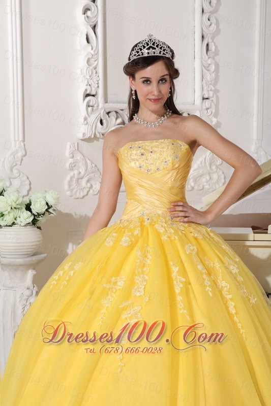Yellow Appliques Floor-length Quinceanera Dress