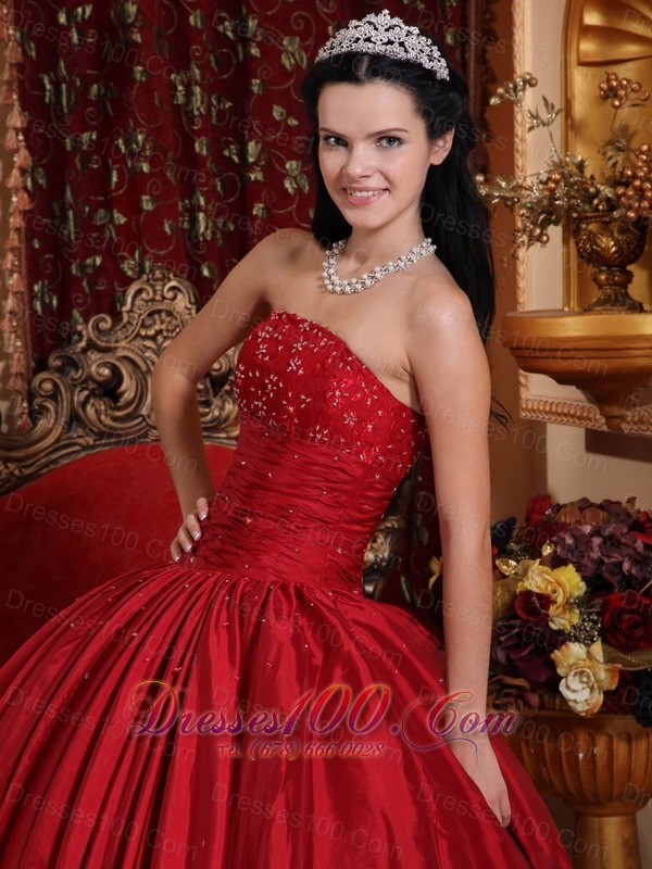 Red Floor-length Taffeta Beading Quinceanera Dress