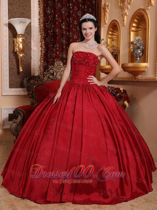 Red Floor-length Taffeta Beading Quinceanera Dress