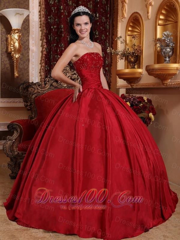 Red Floor-length Taffeta Beading Quinceanera Dress