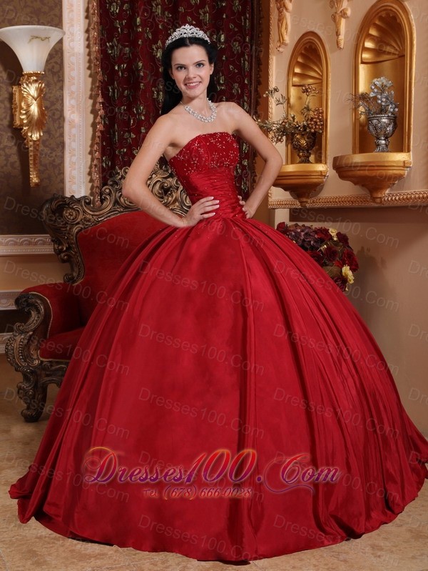 Red Floor-length Taffeta Beading Quinceanera Dress