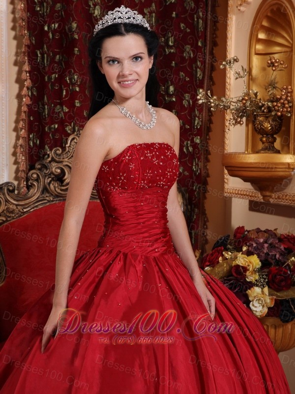 Red Floor-length Taffeta Beading Quinceanera Dress
