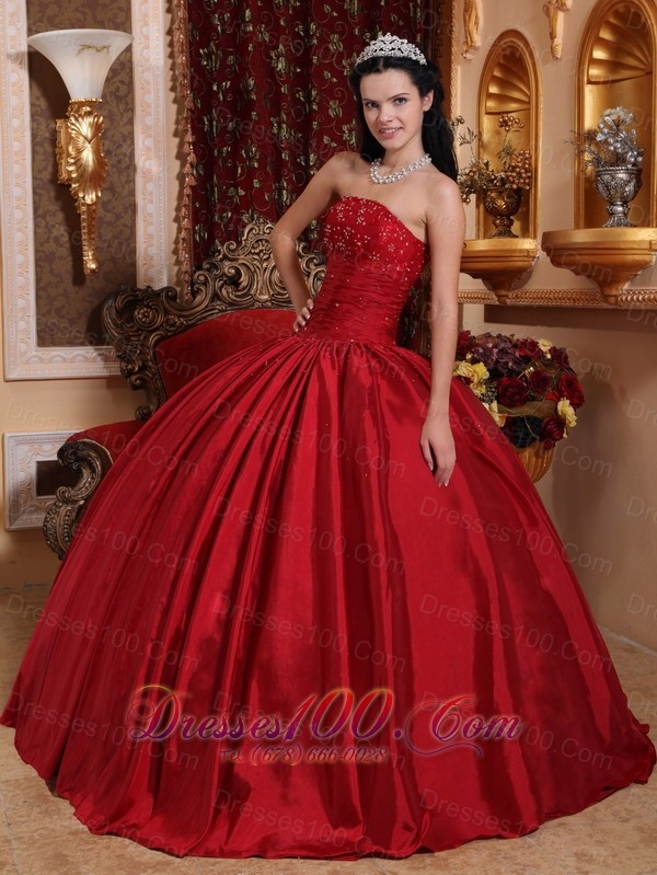 Red Floor-length Taffeta Beading Quinceanera Dress