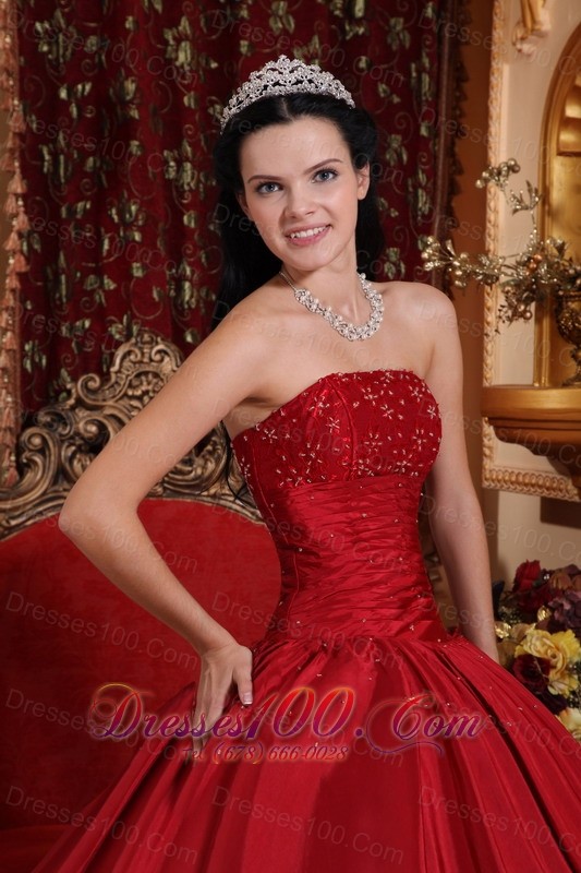 Red Floor-length Taffeta Beading Quinceanera Dress