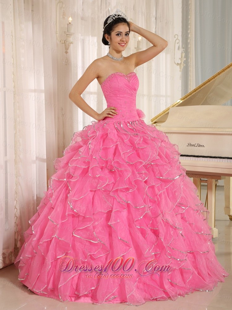 2013 Ruffles Beaded Rose Pink Quinceanera Dress Ruffles