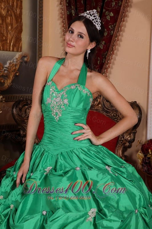 Halter Apple Green Quinceanera Dress Appliques Pick-ups