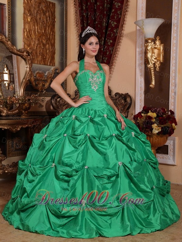 Halter Apple Green Quinceanera Dress Appliques Pick-ups