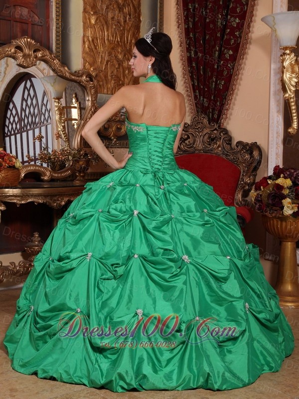 Halter Apple Green Quinceanera Dress Appliques Pick-ups
