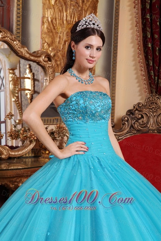 Puffy Teal Tulle Quinceanera Dress Embroidery Bead