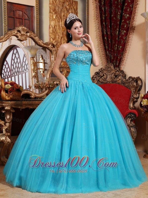 Puffy Teal Tulle Quinceanera Dress Embroidery Bead